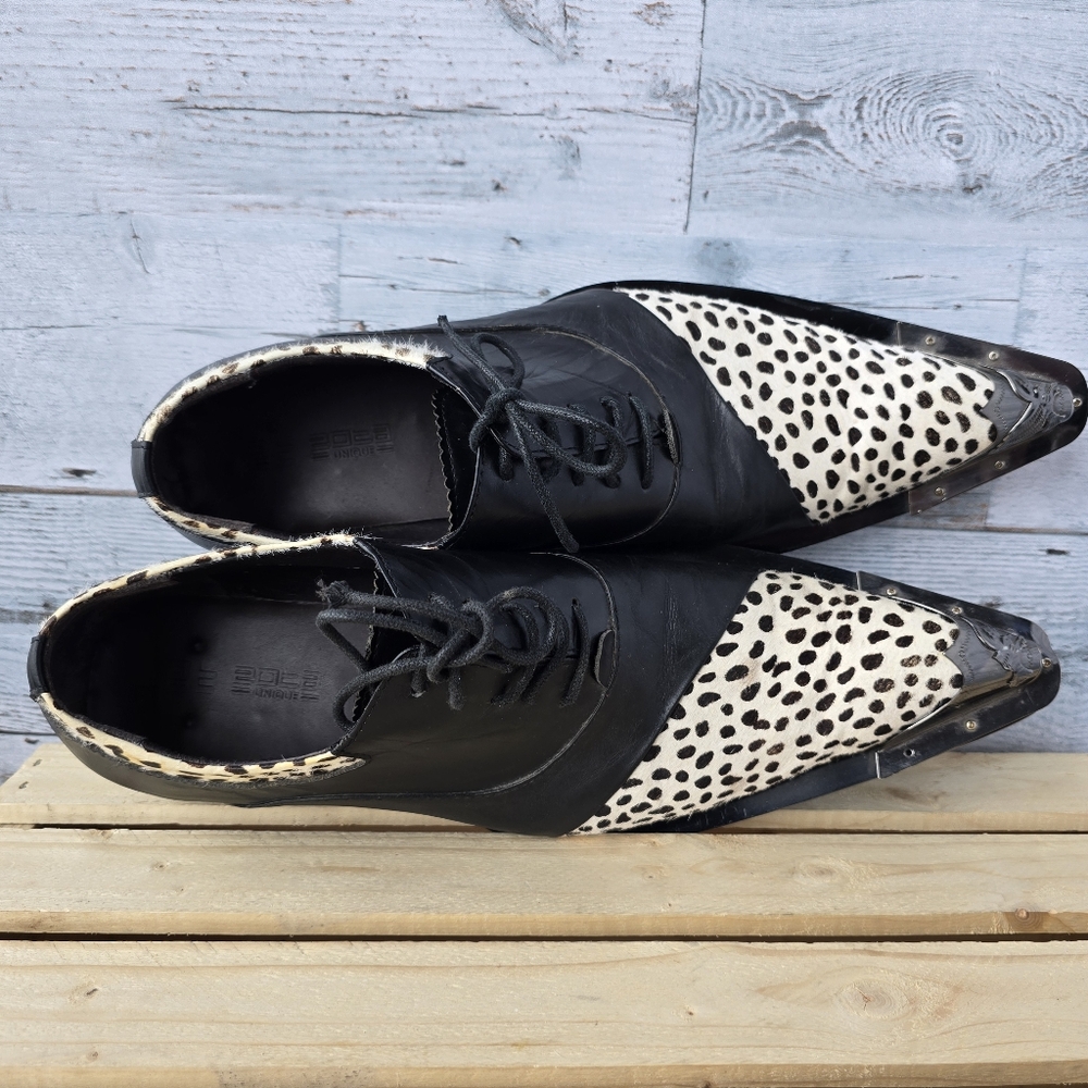 Zota G737-4 Black White Leopard Hair Lace Up Pointed Toe Shoes Metal Tip Size 10 - Picture 12 of 16